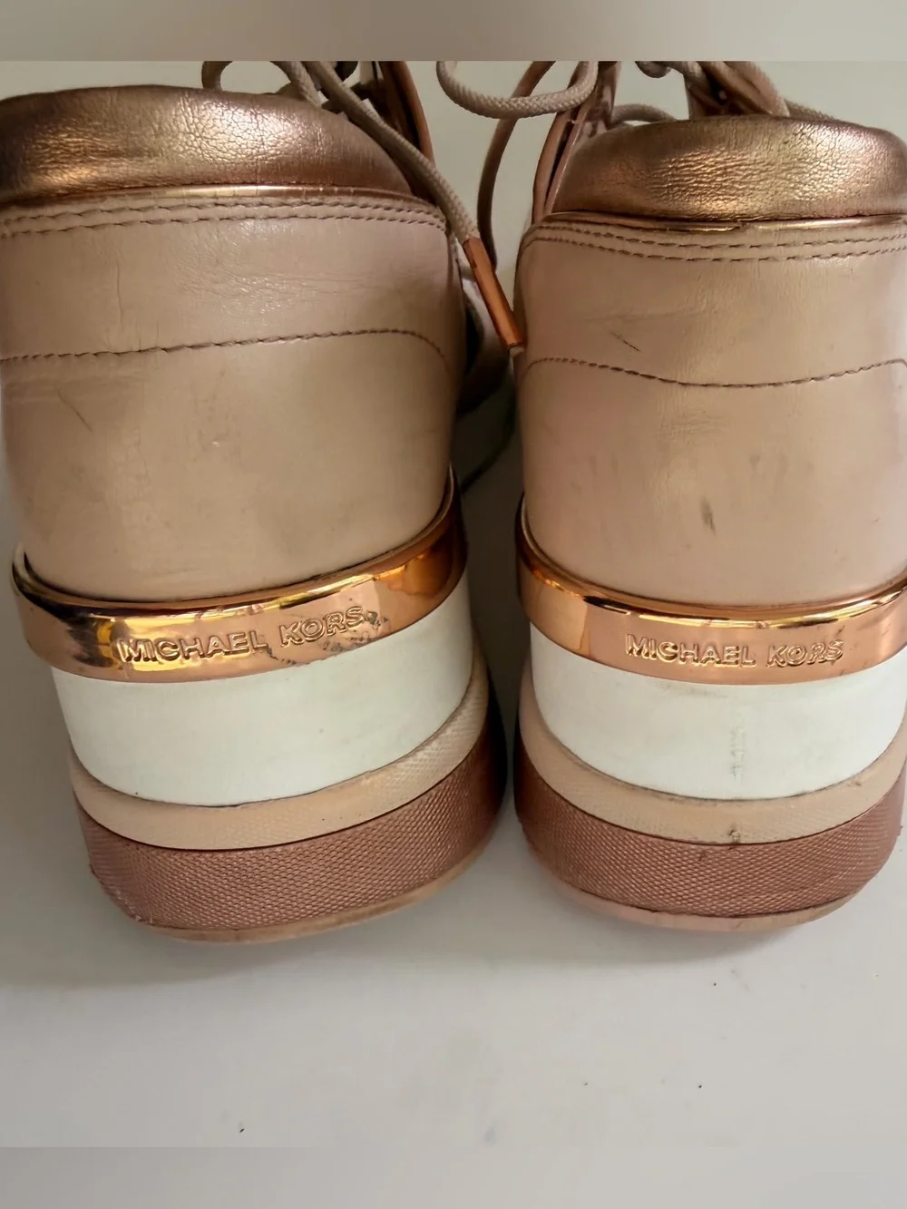 Michael Kors Beckett Trainer Wedge Sneakers Rose Gold Blush Leather Size 9.5